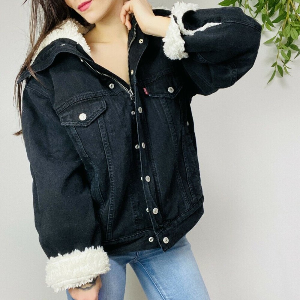 Levi's Black Denim Sherpa Lined Oversized Trucker Jacket